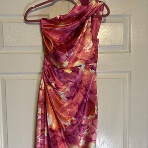 David Meister Pink Floral Single Shoulder Dress